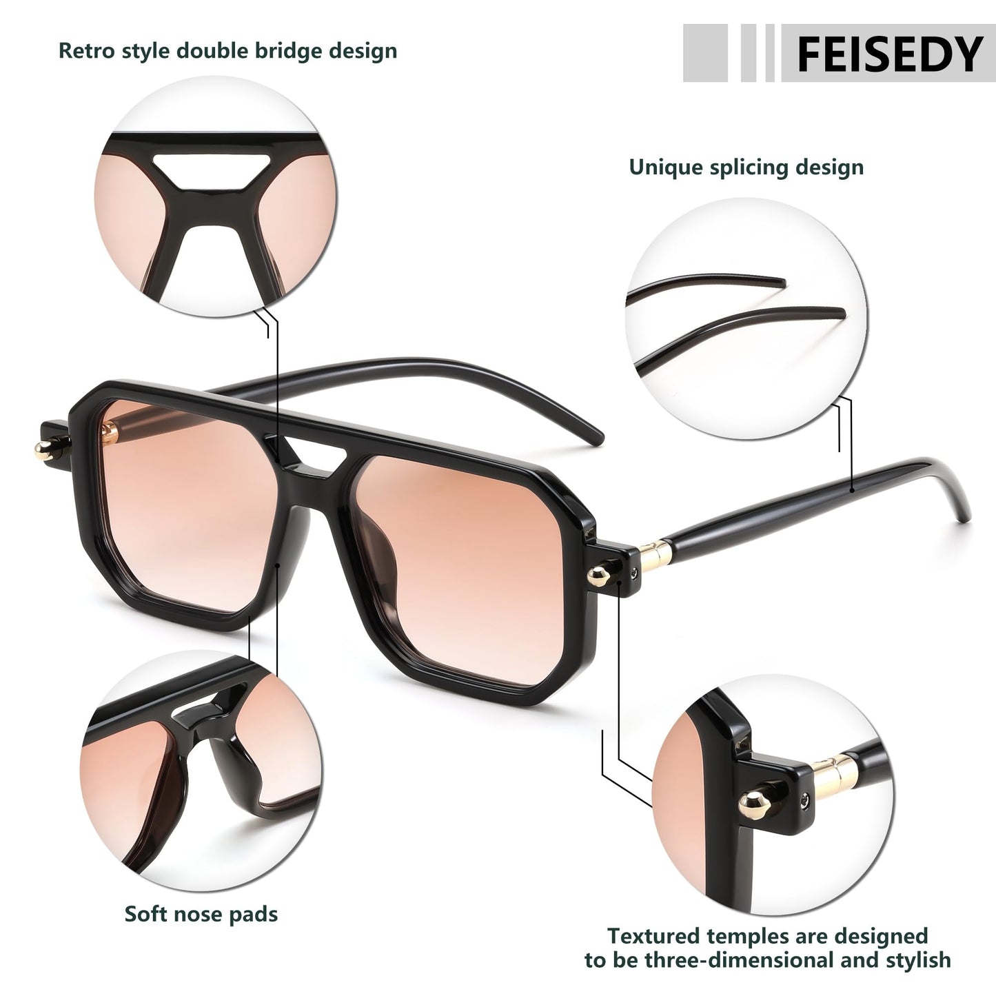 FEISEDY Vintage Square 70s Flat Aviator Sunglasses Women Men Classic Retro Stylish Frame UV400 Sunglasses B2622