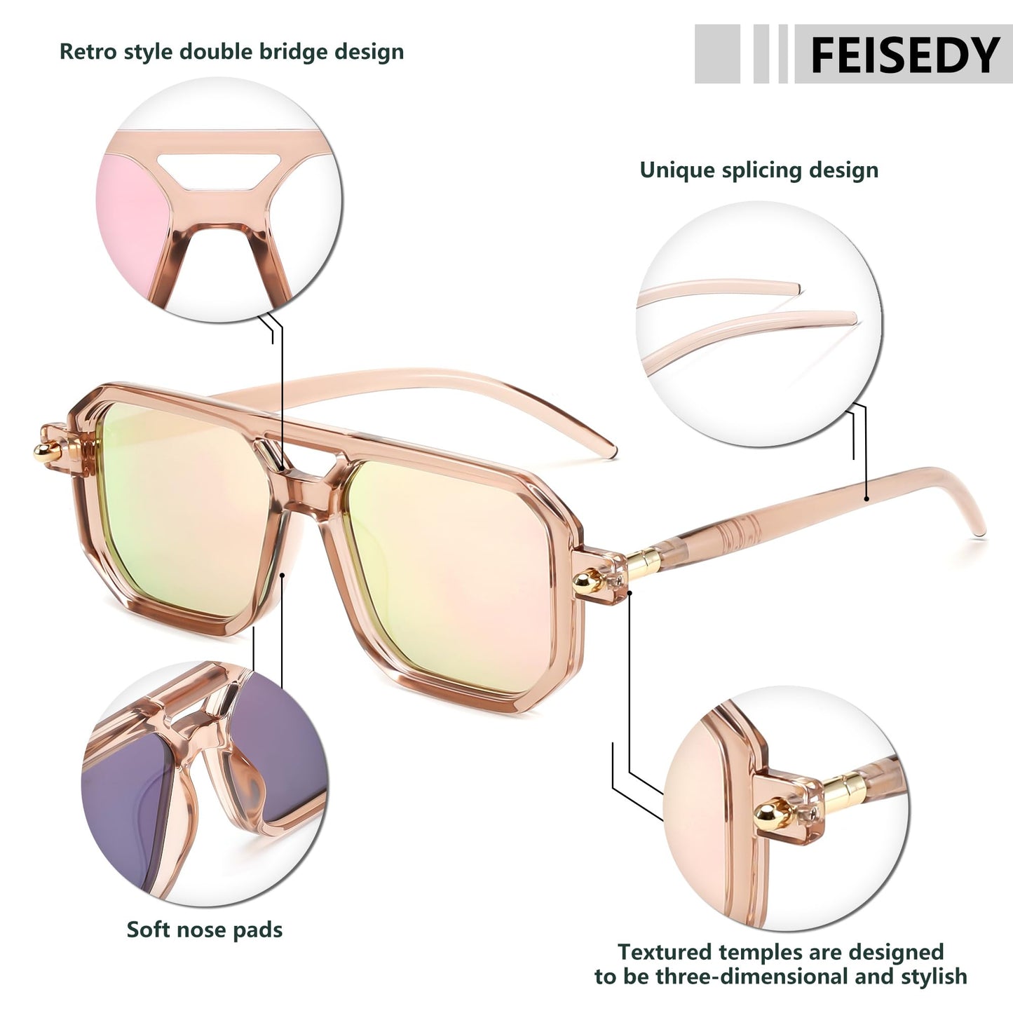 FEISEDY Vintage Square 70s Flat Aviator Sunglasses Women Men Classic Retro Stylish Frame UV400 Sunglasses B2622