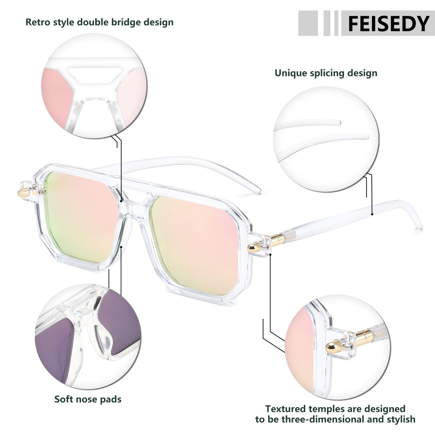FEISEDY Vintage Square 70s Flat Aviator Sunglasses Women Men Classic Retro Stylish Frame UV400 Sunglasses B2622