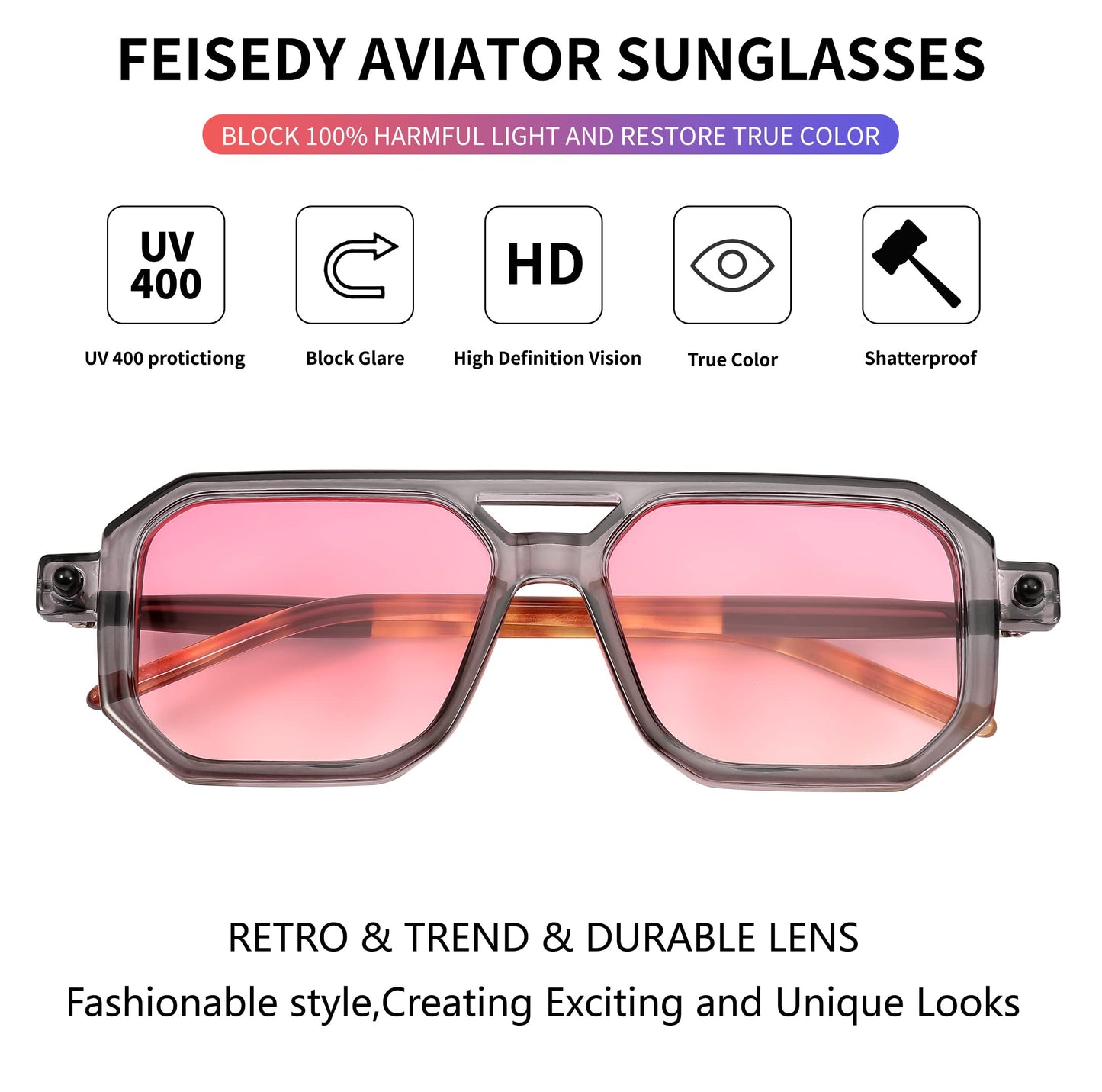 FEISEDY Vintage Square 70s Flat Aviator Sunglasses Women Men Classic Retro Stylish Frame UV400 Sunglasses B2622