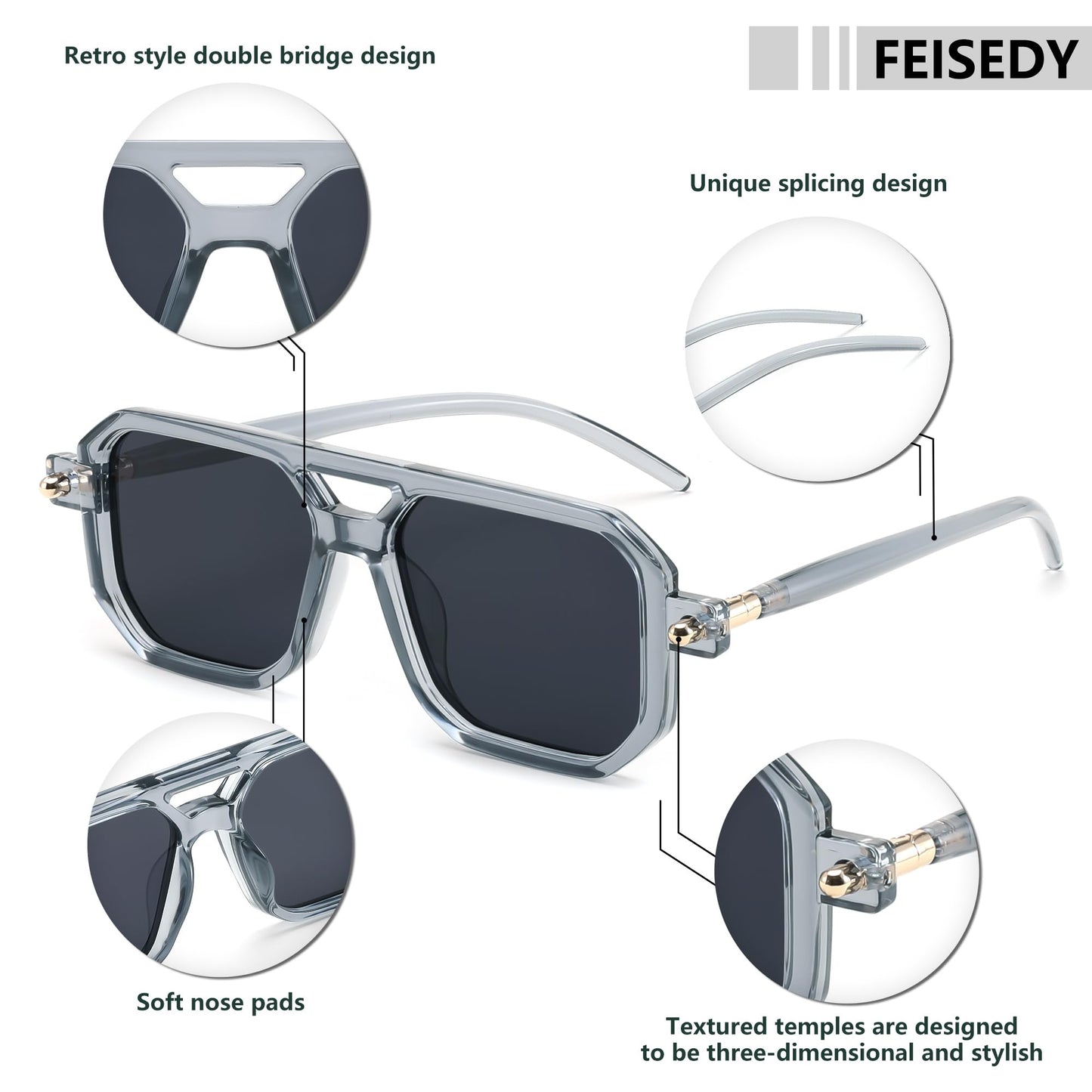 FEISEDY Vintage Square 70s Flat Aviator Sunglasses Women Men Classic Retro Stylish Frame UV400 Sunglasses B2622