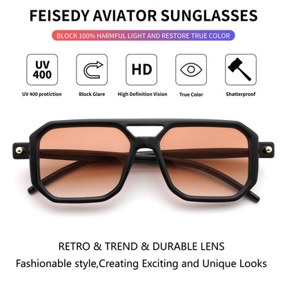 FEISEDY Vintage Square 70s Flat Aviator Sunglasses Women Men Classic Retro Stylish Frame UV400 Sunglasses B2622