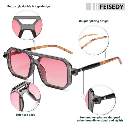 FEISEDY Vintage Square 70s Flat Aviator Sunglasses Women Men Classic Retro Stylish Frame UV400 Sunglasses B2622