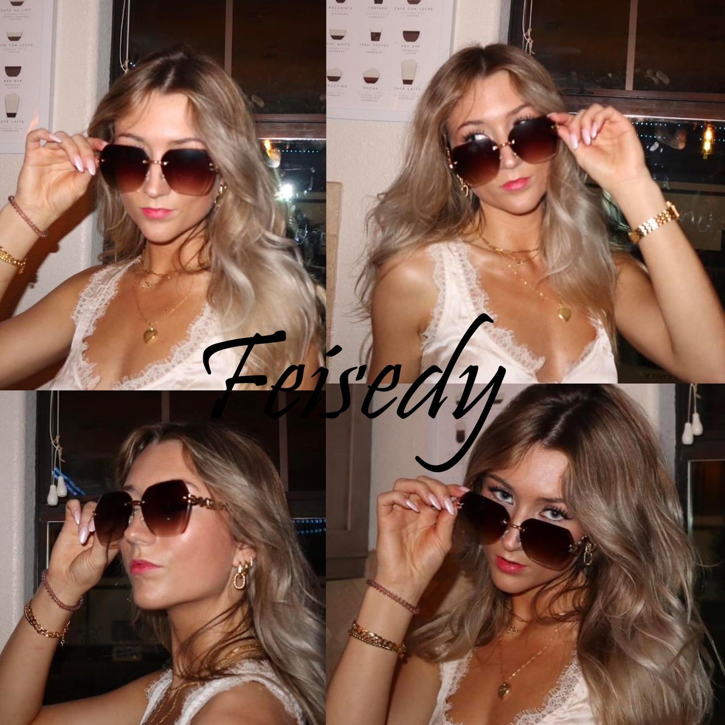 FEISEDY Classic Rimless Sunglasses Women Metal Frame Diamond Cutting Lens Sun Glasses B2567