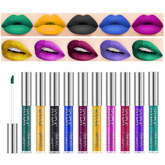 KYDA 10 Colors Lipstick Set, 5 Matte Velvet & 5 Shimmer Metallic Lips Color, Non-Stick Cup Long Wear Lip Glaze, High Pigmented Lipstick Cosmetic Gift Kit for Glossy and Full Matte Lip Gloss