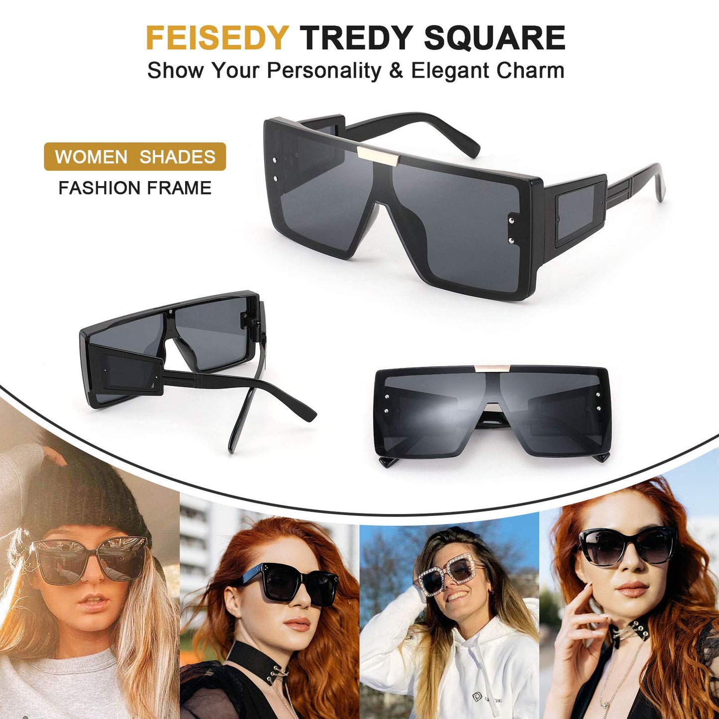 FEISEDY Square Oversized Flat Top Sunglasses With Side Lens Integrated For Women Men B4028