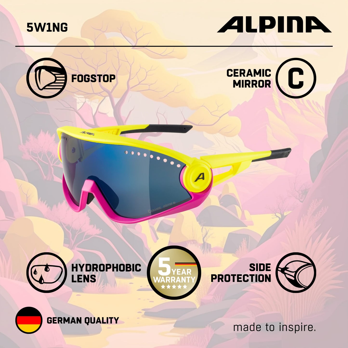 ALPINA Mirrored, 100% UV Protection Sport Sunglasses For Men & Women, Cycling/Running, Removeable Side Protection, 5W1NG