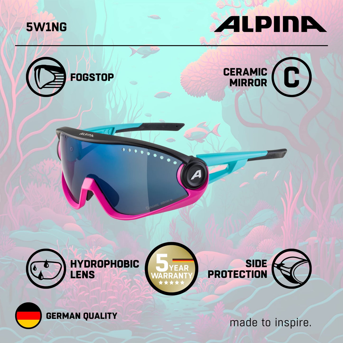 ALPINA Mirrored, 100% UV Protection Sport Sunglasses For Men & Women, Cycling/Running, Removeable Side Protection, 5W1NG