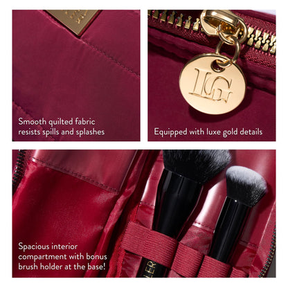 LAURA GELLER NEW YORK Quilted Makeup Bag with Brush Case, Burgundy - Toiletry Bag Organizer for Travel - Large Capacity Full Size Makeup Bag - Easy to Clean