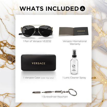 Versace VE2232 61mm Non-Polarized Aviator Sunglasses for Women – Black Metal Frame with Gold Temples, 100% UV Protection, Lightweight & Comfortable Sunglasses, eShades Eyewear Kit Included