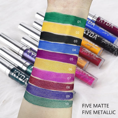 KYDA 10 Colors Lipstick Set, 5 Matte Velvet & 5 Shimmer Metallic Lips Color, Non-Stick Cup Long Wear Lip Glaze, High Pigmented Lipstick Cosmetic Gift Kit for Glossy and Full Matte Lip Gloss