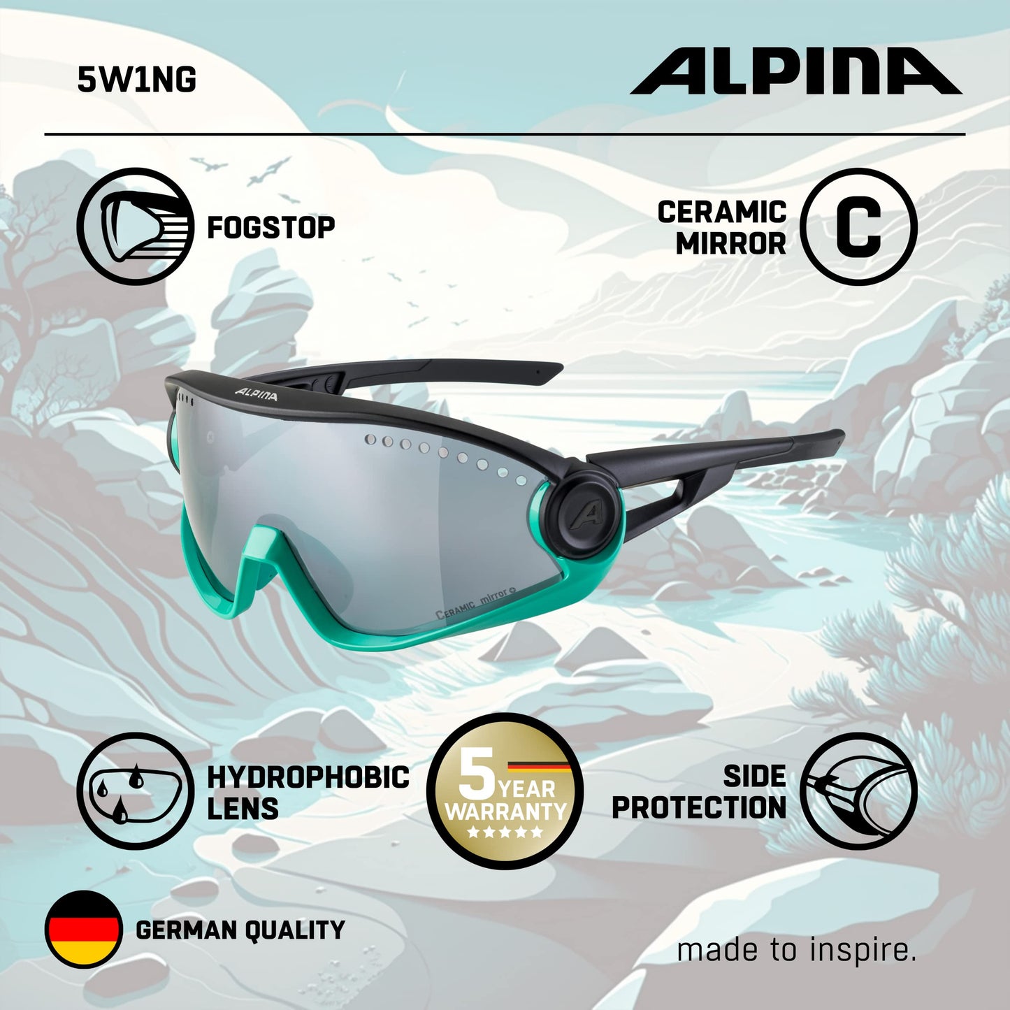 ALPINA Mirrored, 100% UV Protection Sport Sunglasses For Men & Women, Cycling/Running, Removeable Side Protection, 5W1NG