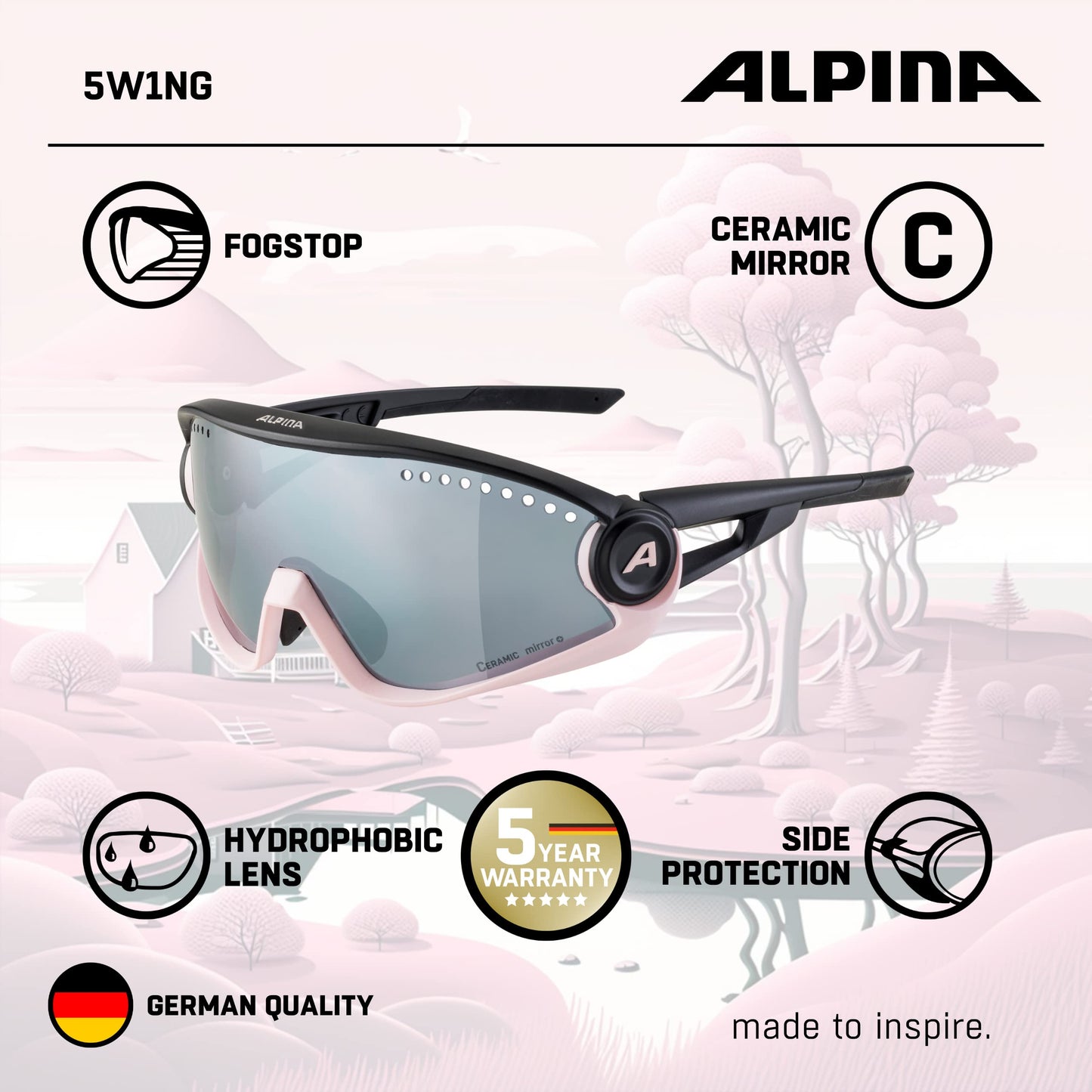 ALPINA Mirrored, 100% UV Protection Sport Sunglasses For Men & Women, Cycling/Running, Removeable Side Protection, 5W1NG