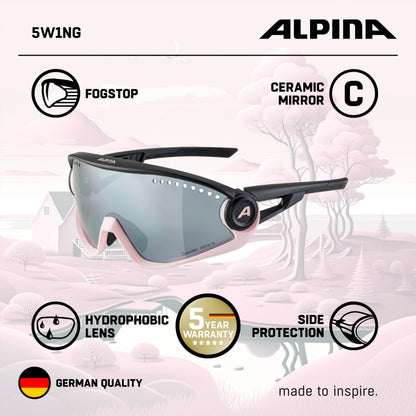 ALPINA Mirrored, 100% UV Protection Sport Sunglasses For Men & Women, Cycling/Running, Removeable Side Protection, 5W1NG